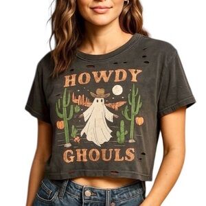 LA LUNA “HOWDY GHOULS” DISTRESSED CROP TEE w/STAR STUDS    B